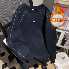 批发实拍麂皮复合真超加绒秋冬新款明线装饰中长宽松圆领保暖上衣