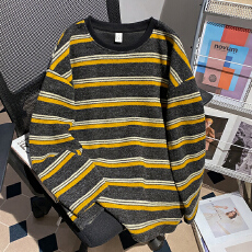 批发实拍长袖t恤打底衫<b class='q'>女装</b>新款潮薄款美式条纹中长春秋圆领上衣