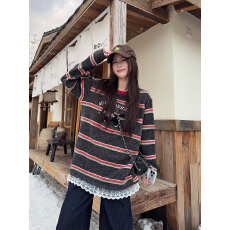 批发实拍280克<b class='q'>兔毛</b>绒长袖t恤打底衫女装蕾丝美式条纹春秋圆领上衣