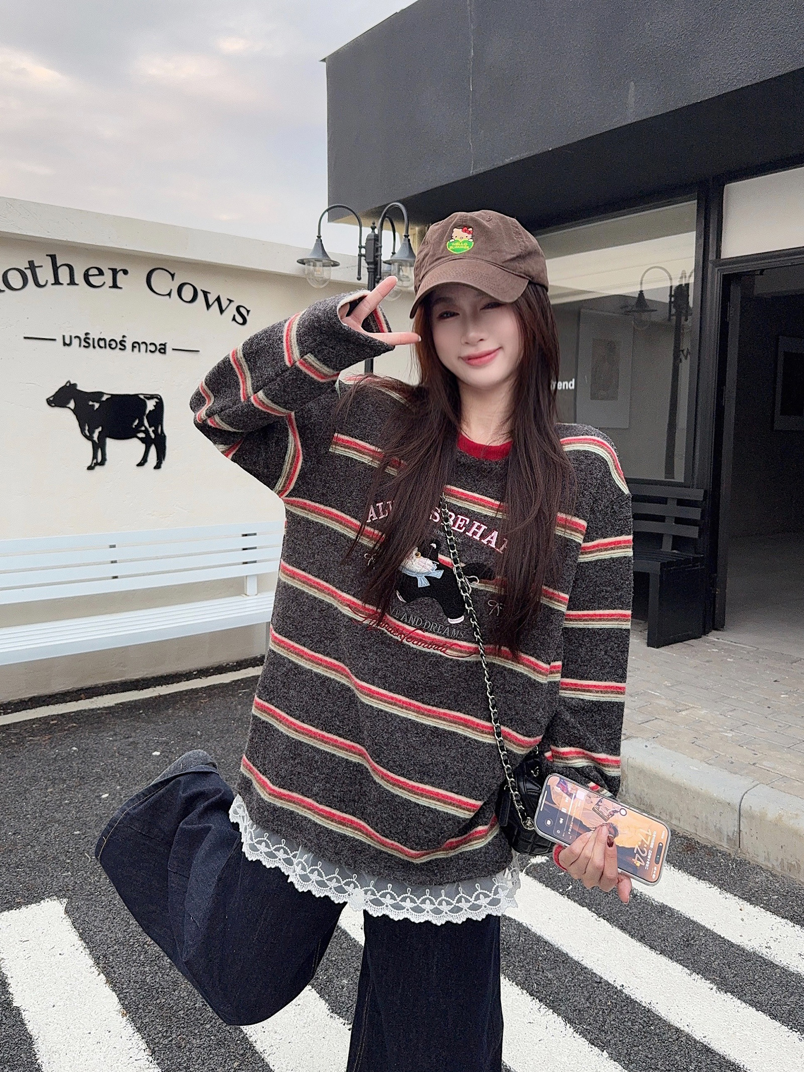실사 280 그램 토끼털 플러시 긴팔 티셔츠 기본 셔츠 여성 의류 레이스 아메리칸 스트라이프 봄 가을 라운드 넥 맨위