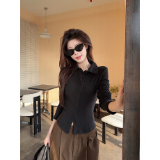 批发实拍310克山<b class='q'>羊绒</b>长袖t恤打底衫女春秋纯色<b class='q'>开衫</b>新款衬衫领上衣