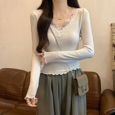 批发实拍长袖t恤女薄款潮2026春季新款纯色修身<b class='q'>蕾丝</b><b class='q'>打底衫</b>V领韩版上衣