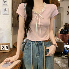 批发实拍1*1螺纹210克短袖t恤女夏系带修身短款<b class='q'>网纱</b>圆领上衣韩版女装