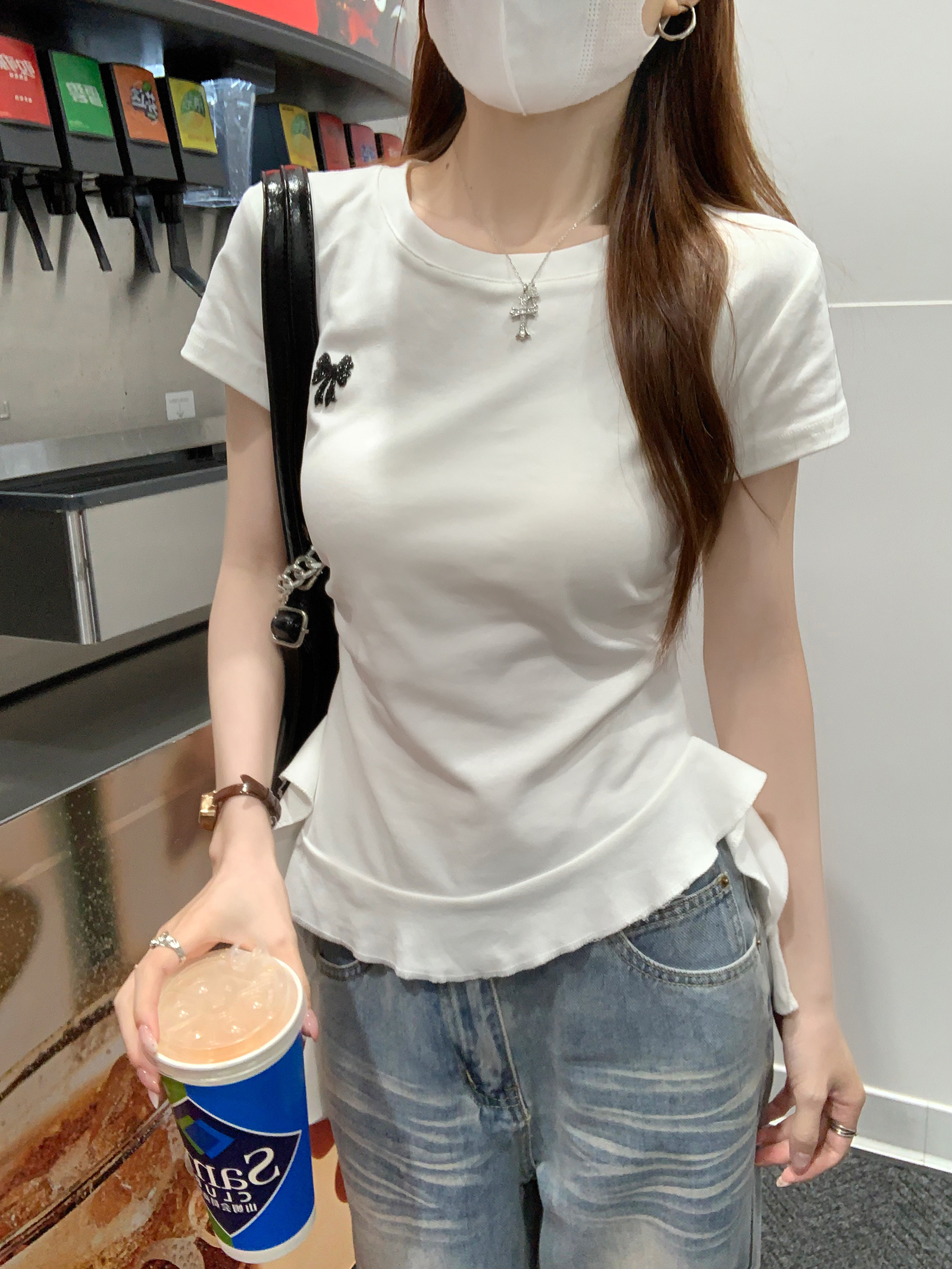 RY5784# 实拍纯棉螺纹220克短袖t恤女装夏新款飘带蝴蝶结显瘦圆领上...