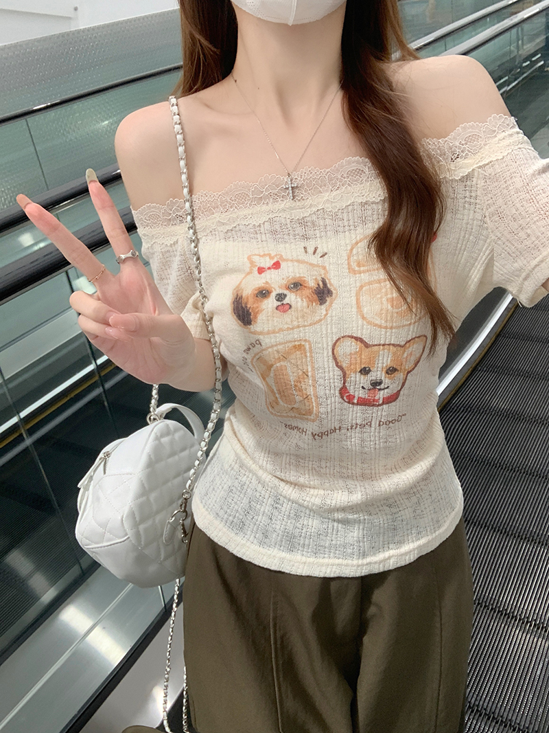 RY5785# 原版短袖t恤女装夏季新款潮韩系蕾丝一字肩方领上衣