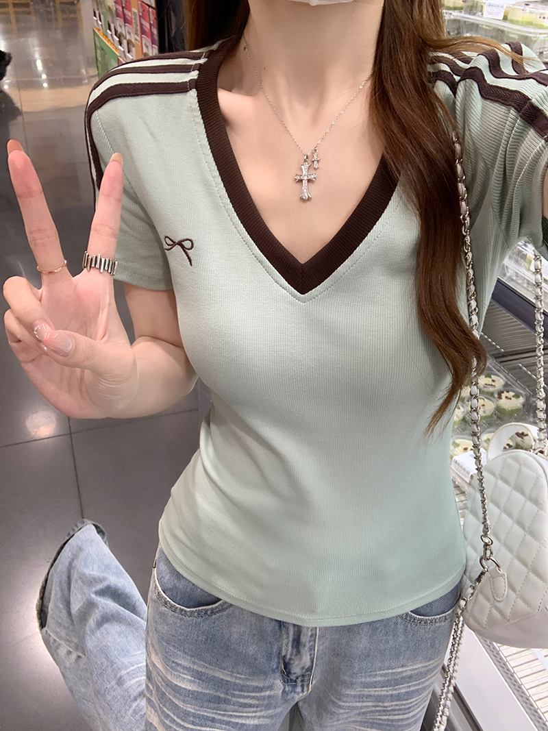 RY5782# 实拍短袖t恤女装夏季新款韩系设计感修身条纹撞色刺绣V领上衣
