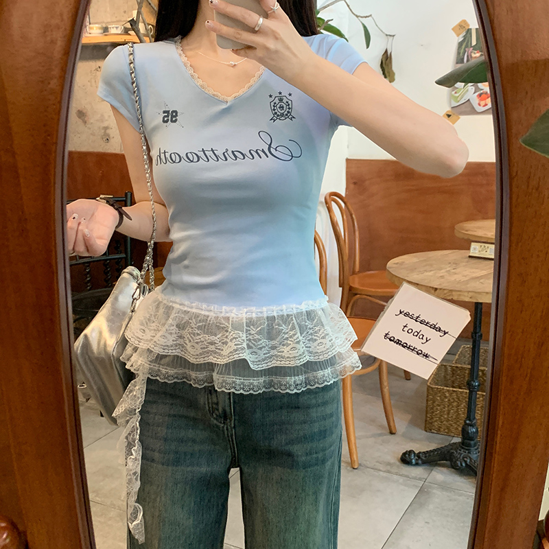 BY26479# 螺纹短袖t恤夏新款网纱下摆修身短款V领上衣女装  服裝批發女裝批發服飾貨源