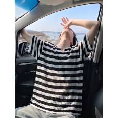 批发官图<b class='q'>短袖</b>t恤男<b class='q'>女</b>装夏季新款潮韩系设计感镂空条纹宽松V领上衣