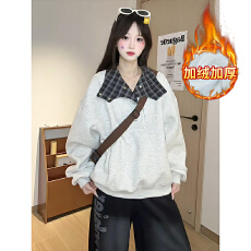 批发官图加绒<b class='q'>卫衣</b><b class='q'>男</b>女情侣装秋冬2026潮新款宽松格子高领保暖上衣