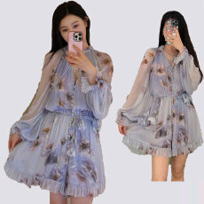 批发25秋季新款 设计感长袖飘带立体花朵排扣金属钮扣 松紧气质<b class='q'>连体裤</b>