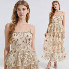 批发实拍 重工轻奢全身珠片刺绣超长高腰大摆吊带连衣裙钻饰 有胸垫