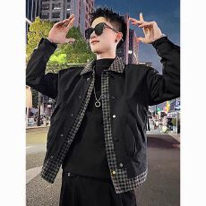 高级感痞帅外套男春秋季潮牌假两件格子夹克2026新款男士修身上衣