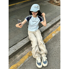 批发1*1 40支纯棉 后包领三条杠撞色拼接运动<b class='q'>t</b><b class='q'>恤</b>短款上衣
