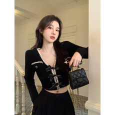 批发小香风黑色针织开衫女装秋冬蝴蝶结法式v领<b class='q'>修身</b>长袖毛衣<b class='q'>外套</b>上衣