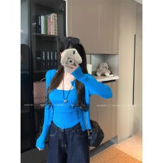 批发早秋穿搭套装女慵懒蓝色宽松长袖<b class='q'>针织</b>开衫外套吊带<b class='q'>背心</b><b class='q'>上衣</b>两件套