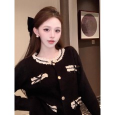 批发小香风蝴蝶结针织外套女秋冬季羊毛开衫软糯漂亮洋气<b class='q'>蕾丝</b>花边上衣