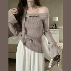 批发2025新款针织休闲纯色花朵绑带喇叭袖<b class='q'>毛衣</b>纯欲<b class='q'>荷叶边</b>一字领针织衫