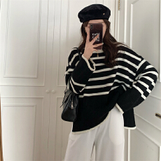 批发抖音天猫品质秋冬季韩系复古条纹<b class='q'>毛衣</b>女装针织衫宽松显瘦长袖上衣