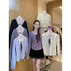 批发小香风系带拼色V领针织衫女2025秋冬新款时尚设计感百搭慵懒<b class='q'>毛衣</b>