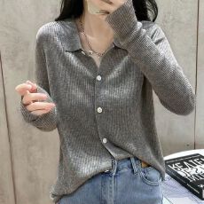 批发灰色翻领针织开衫女装<b class='q'>气质</b>宽松早秋冬内搭新款polo领长袖上衣<b class='q'>外套</b>