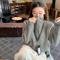 批发<b class='q'>韩版</b>灰色拼接半拉链高领<b class='q'>毛衣</b>女早秋季外穿宽松内搭针织衫上衣