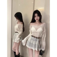 批发慵懒风镂空针织衫女<b class='q'>夏</b>季中长款一字肩收腰上衣巨好看透视防晒罩衫