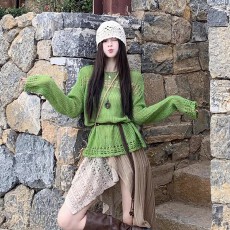 批发绿色镂空长袖防晒针织衫女<b class='q'>夏</b>季慵懒软糯宽松叠穿毛衣罩衫上衣早秋