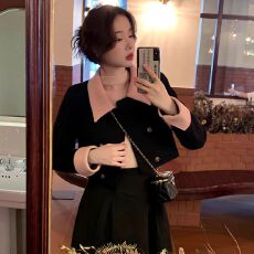 批发<b class='q'>韩版</b>甜美淑女秋冬拼色时尚气质小香小洋装两件套<b class='q'>套装</b>盐系轻熟风女