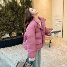 批发树莓粉短款棉服女款2025年<b class='q'>冬</b>季新款百搭超好看韩系加厚面包服外套