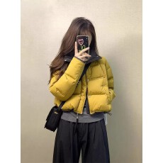 批发韩系黄色短款棉服女装2025年<b class='q'>冬</b>季新款百搭撞色立领面包服保暖外套