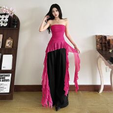 批发多巴胺野莓红荷叶边飘带抹胸背心女 网纱褶皱修身短上衣