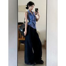 批发2026夏季新款法式荷叶边蓝色格子复古吊带背心女设计感无袖上衣