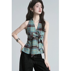 批发甜辣撞色格纹V领吊带背心女夏季复小众设计感蝴蝶结挂脖短款上衣