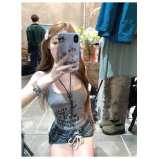 批发260克人棉<b class='q'>莫代尔</b>字母印花蕾丝花边<b class='q'>背心女</b>短款修身上衣