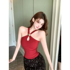 批发带胸垫 纯欲辣妹挂脖镂空上衣女性感显瘦<b class='q'>背心</b>修身美背<b class='q'>打底</b>衫