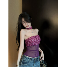 批发带胸垫 网纱<b class='q'>亮片</b><b class='q'>吊带</b><b class='q'>背心</b>女泰式一字肩挂脖抹胸上衣打底内搭