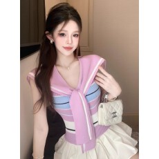 批发海军领短款上衣女条纹撞色设计感气质<b class='q'>甜美</b>辣妹学院风绑带紧身背心