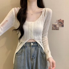 批发<b class='q'>镂空</b>破洞防晒t恤女夏季薄款吊带外搭<b class='q'>镂空</b>罩<b class='q'>衫</b>空调<b class='q'>衫</b>设计感短上衣