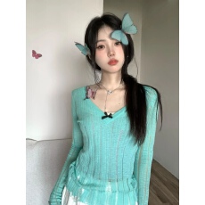 批发纯欲风小<b class='q'>镂空</b>慵懒v领薄罩<b class='q'>衫</b>破洞性感收腰蓝色毛针织<b class='q'>衫</b>长袖上衣女