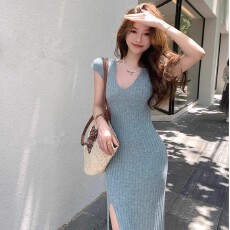 批发夏季纯欲小妈包臀开叉长裙显身材掐腰V领针织<b class='q'>连衣裙</b>女装