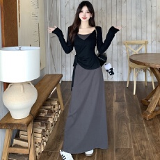 批发实拍~初<b class='q'>秋</b>慵懒感微胖MM修身显瘦长袖绑带T微胖套装