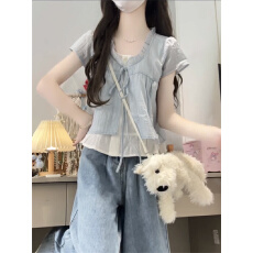 批发原版面料蓝色假两件花边领<b class='q'>短袖</b><b class='q'>衬衫</b>女夏季设计感小众别致绝美上衣