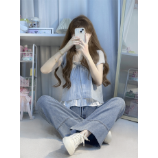 批发原版面料浅蓝色假两件<b class='q'>衬衫</b>上衣女2025新款韩系甜美小个子花边系带