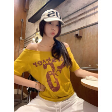 批发40支纯棉美式字母辣妹风斜领T恤夏季新款露肩显瘦上衣<b class='q'>街头</b>风女
