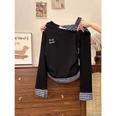 批发原版面料刺绣格纹<b class='q'>吊带</b>斜肩长袖T恤女学院风收腰假两件短款上衣