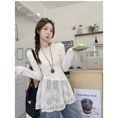 批发1*1德绒蕾丝钩花裙摆式<b class='q'>长袖</b>T恤女秋中长款内搭打底衫修身显瘦上衣