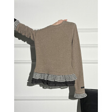 批发1*1德绒小众格纹拼接打底衫长袖女秋冬季撞色设计感休闲<b class='q'>通勤</b>上衣