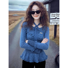 批发原版面料韩系蓝色不规则长袖t恤女秋冬季修身内搭针织打底衫上衣