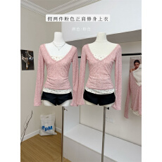 批发原版面料少女感假两件碎花满印长袖T恤女春韩系穿搭减龄甜美上衣