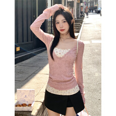 批发原版面料韩系辣妹早春粉色假两件上衣女春新款长袖T恤设计感小众